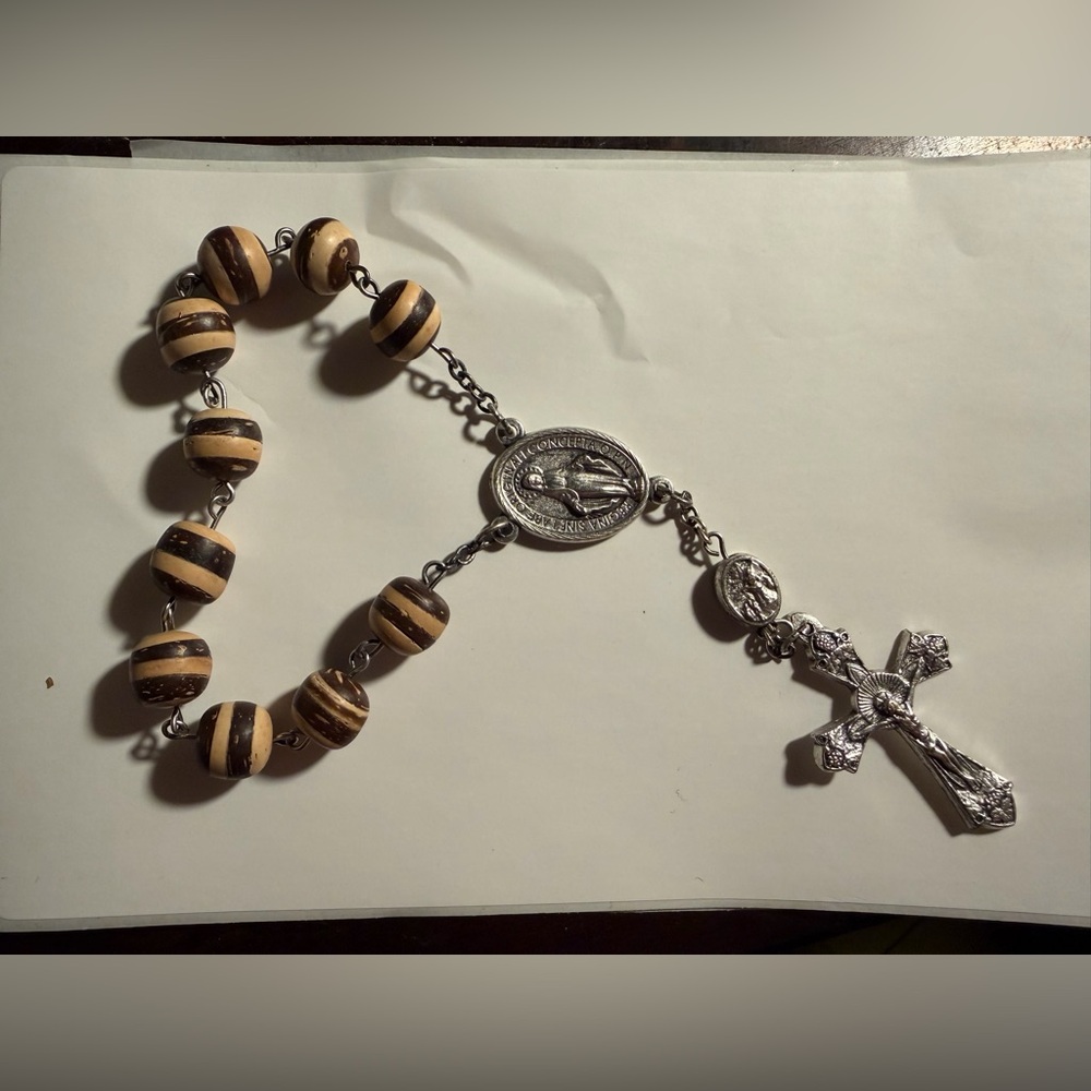 Silver and Brown Beaded Rosary Necklace